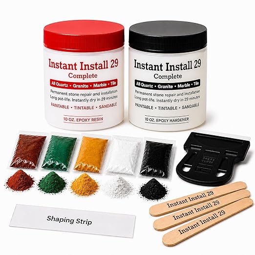 Instant Install 29 Complete - 20 oz Epoxy Permanent Repair Kit with EZ-Tint 10 g 5-Pack, Mixing Sticks, Razor, & Shaping Strip - Granite, Marble, & Tile - Rebonds & Rebuilds - Dry in 29 Minutes