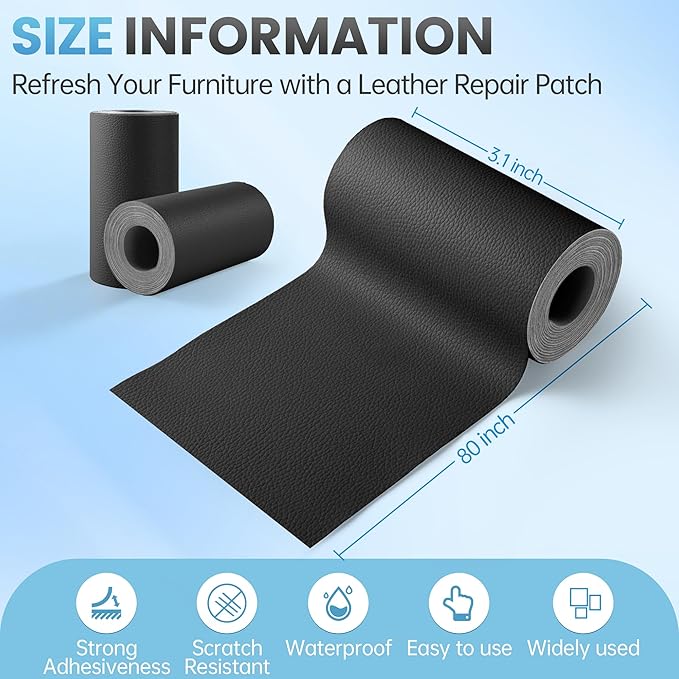 Leather Repair Patch Tape Kit, 3" x 80" Self Adhesive Leather Repair Patch for Furniture, Vinyl Kit for Car Seat, Chairs, Couch, Sofa, Boat Black
