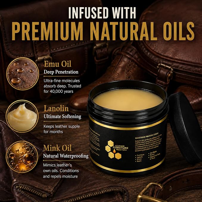 Leather Conditioner Furniture Repair Salve: with Sponge and Towel | Cleaner Restorer Protector Polisher for Couch Purses Shoe Jacket Work Boots Car Seat & Leather - Restores Shine, Softness