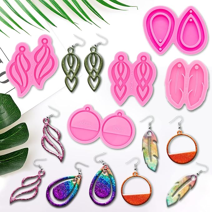 105Pcs Resin Molds Silicone Kit, 5pcs Earring Silicone Molds for Resin Jewelry Epoxy Casting Molds with Earring Hooks for DIY Unique Earrings Epoxy Resin Molds, Earring Jewellery Resin Craft