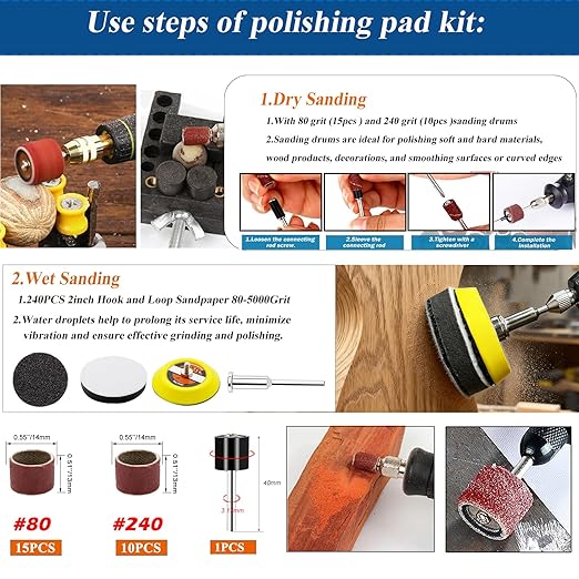 275PCS 2Inch Sanding Discs and Drum for Dremel Tool Accessories 80-5000 Grit Hook and Loop Sandpaper with 1/4" 1/8" Shank Sanding Pads Used for Resin/Rock/Making Jewelry Polishing