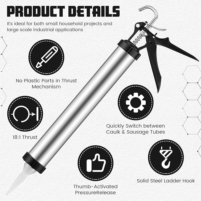 Lasnten 2 Pack Sausage Caulk Gun 20 oz Aluminum Sausage Caulking Gun Cordless Caulk Gun with 4 Cone Nozzles, 18: 1 Thrust, Aluminum Sealant Hand Caulk Gun Kit for Contractors