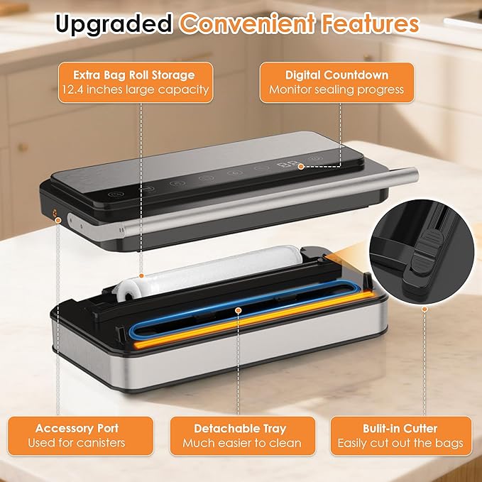 VUSIGN Vacuum Sealer Machine with Strong -85KPA Suction, Low Noise, Built-in Cutter, Bag Storage Box, Handheld Design