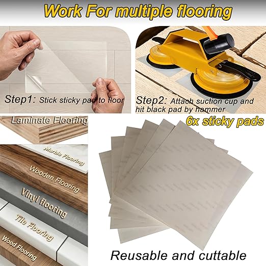 Floor Gap Fixing Tool, with Dual Heavy Duty 45°Striking Surface, Enhanced Suction Cups, 6X Sticky Pads, Rubber Mallet, Hook Tool, Works for Laminate, Vinyl, LVP, Wooden, Hardwood, Floor