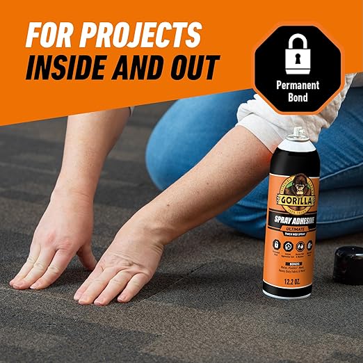 Gorilla Ultimate Spray Adhesive, Multi-Purpose Web Spray Contact Glue, Instant Aggressive Tack, Adjustable Nozzle, White, 12.2 oz (Pack of 1), Bonds Wood, Metal, Plastic, Leather & Fabric