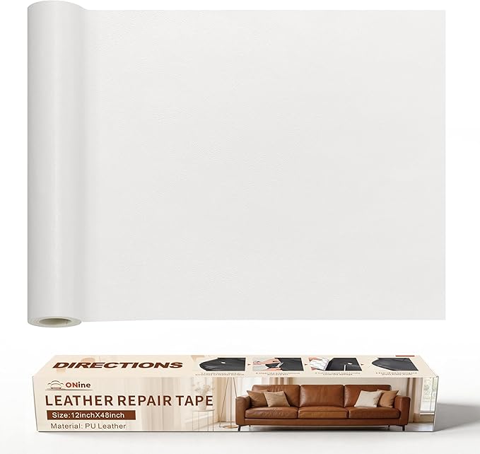 ONine Leather Repair Patch，Leather Repair Tape, 12 x 48 inches Leather Repair Patch for Furniture,Vinyl Repair Kit，Leather Couch Patch，for Sofas, Furniture, Car Seats, Office Chairs(White)