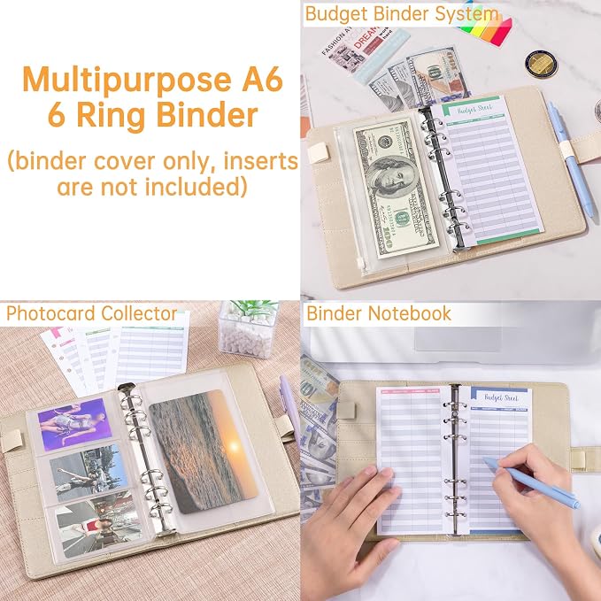 Antner A6 Notebook Binder Refillable 6 Ring Budget Binder Cover for A6 Refill Paper, PU Leather Budget Planner Organizer with Magnetic Buckle, Loose Leaf Personal Planner, Glitter Gold