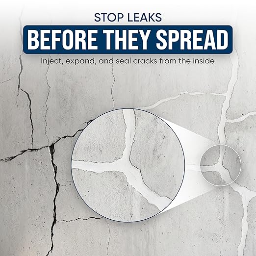Concrete Crack Injection Kit – DIY Basement Wall Crack Repair – Polyurethane Leak Seal System – Stops Active Water Leaks in Foundation Walls – Easy No-Dig Injection Repair Kit - Ideal for DIY Projects
