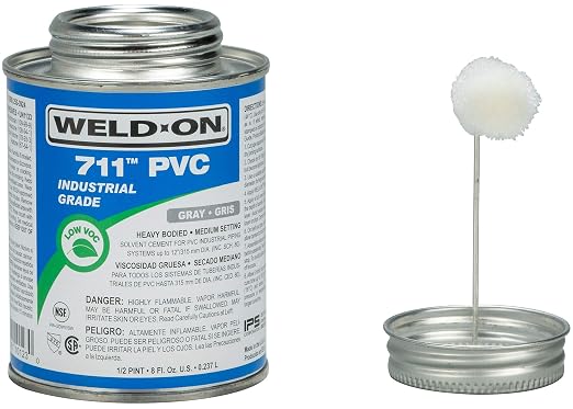 Weld-On 10123 711 Industrial Grade PVC Heavy-Bodied High Strength Solvent Cement - Medium-Setting and Low-VOC, Gray, 1/2 Pint (8 fl oz)