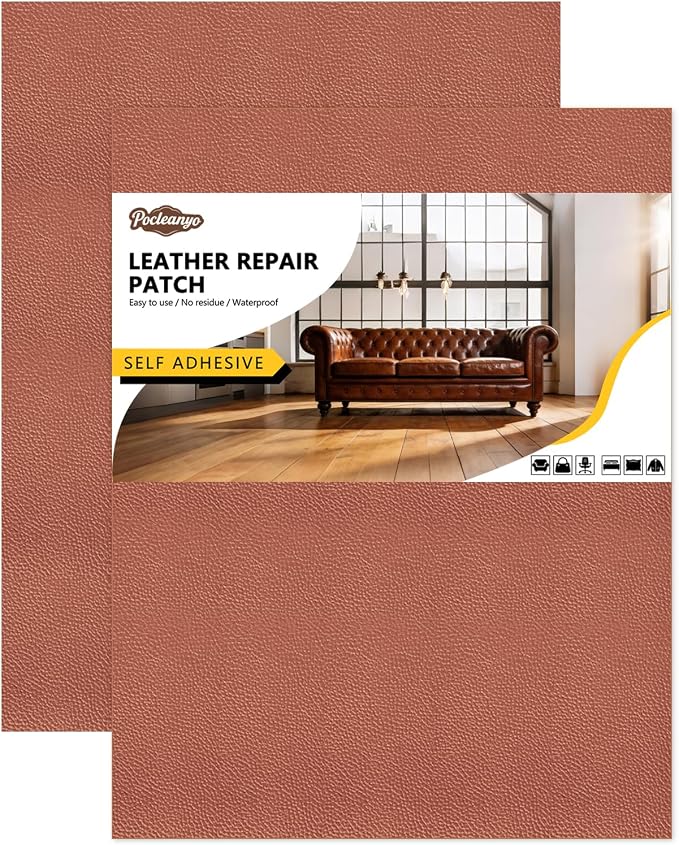 2 Pcs Brown Leather Repair Tape, 8x12 Inch Leather Repair Patch Self-Adhesive, Waterproof Faux Leather Patch, Vinyl Repair Tape for Couch, Sofas, Furniture, Office Chair, Car Seats