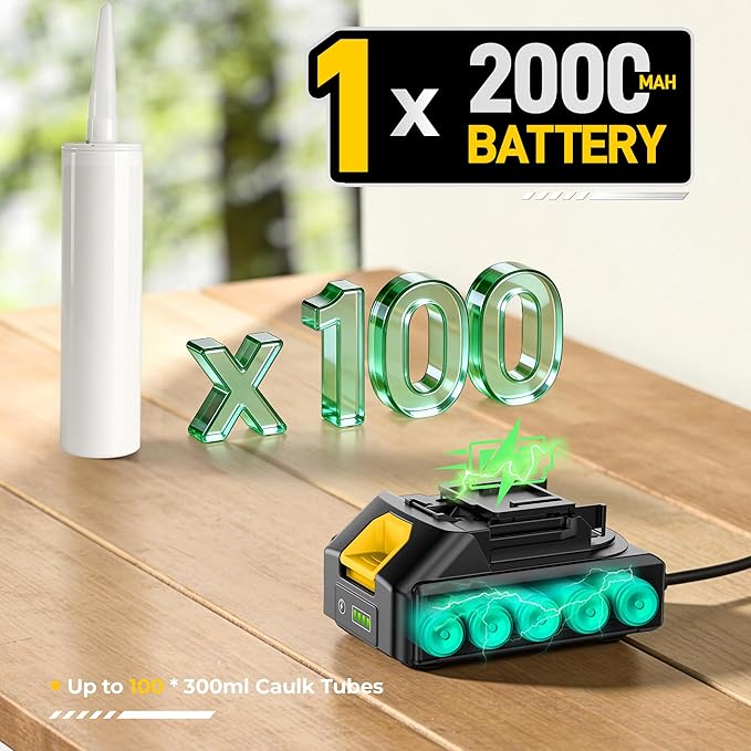 Electric Caulking Gun, 10oz Caulk Gun with 1x2000mAh Batteries, Cordless Caulking Gun, 4 Adjustable Speeds, LED Light, Auto Retraction, 9 Pcs Silicone Caulking Tools for Filling and Sealing