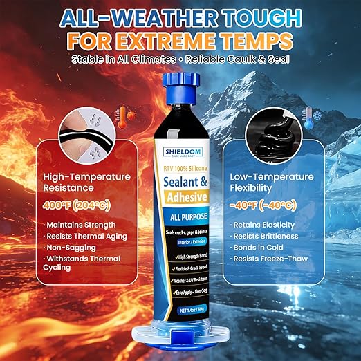 SHIELDOM RTV Silicone Sealant Adhesive 100% Waterproof - No Caulking Gun Needed Silicone Caulk - High-Strength Flexible Shrink & Crack Proof Sealing for Cars, Bathroom, Kitchen, Windows Black 1.4oz