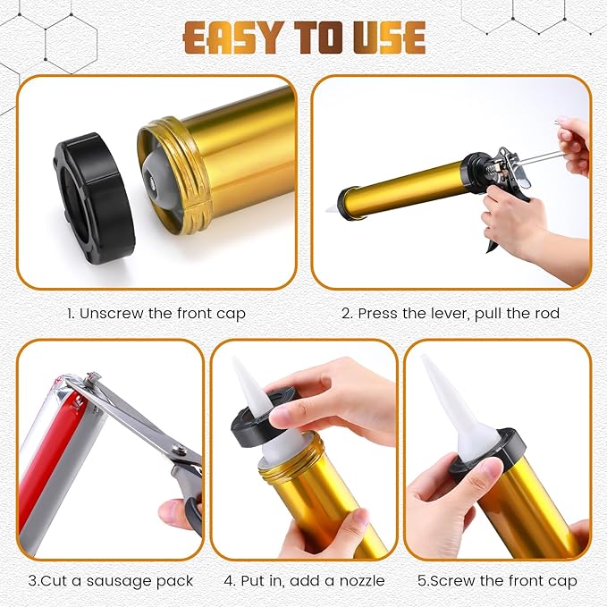 Lasnten 2 Pack Sausage Caulk Gun 20 oz Aluminum Cordless Sausage Caulking Gun with 4 Cone Nozzles, 18: 1 Thrust, Aluminum Sealant Hand Caulk Kit for Contractors (Gold)