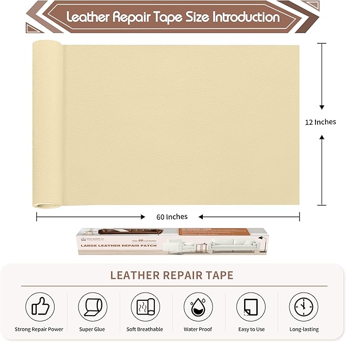 KING MOUNTAIN Leather Repair Patch, 12 x 60 Inches Self-Adhesive Repair Tape for Damaged Furniture, Sofa Seating, Car Seats, Goods (Beige Yellow)