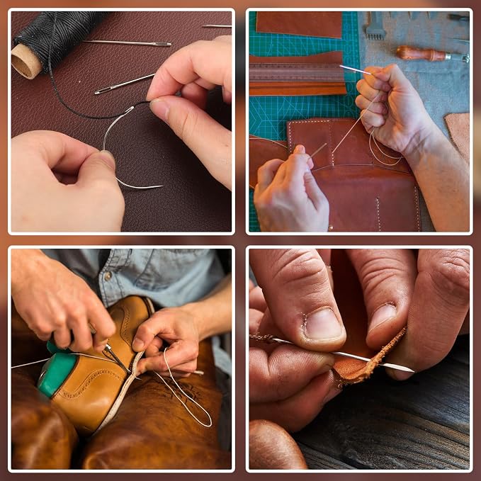 110Yards Waxed Thread with 7 Pcs Leather Needles for Hand Sewing 150D Flat Sewing Waxed Thread Leather Repair Needles for Sewing Upholstery Leather Canvas Bags Sofa Furniture（Black+Khaki）