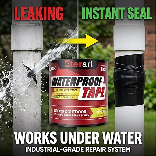 Waterproof Tape Black 4 Inch x 10 FT - Heavy Duty Rubberized Seal Repair for Active Leaks - Fix Roofs, Underwater Pool Liners & Pipes - All-Weather Emergency Patch Tool for Homeowners & Campers