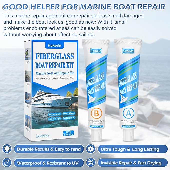 Marine Fiberglass Repair Kit for Boats, Gel Coat Kepair kit for Boats, Epoxy Filler for Repairs Cracks, Scratches, Debris, Holes, Gaps, Suitable for Fiberglass, Acrylic, Porcelain 100g-1.76oz