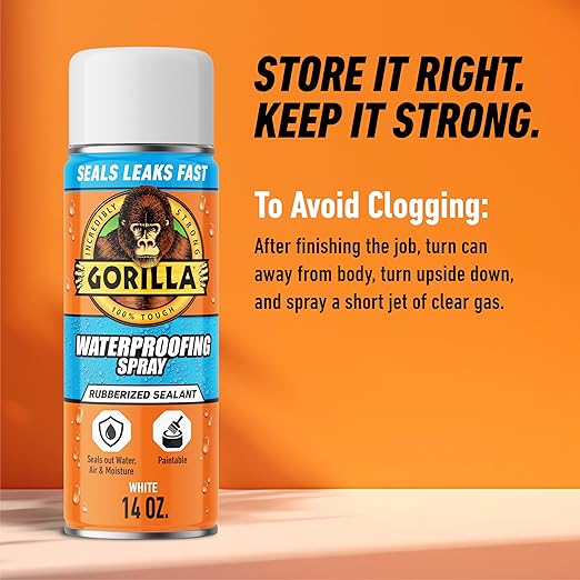 Gorilla Waterproofing Spray White, Flexible Rubberized Sealant Coating, Paintable UV Resistant, Seals Water Air Moisture, 16 oz (Pack of 1), for Roofs Gutters Skylights RVs Windows & More