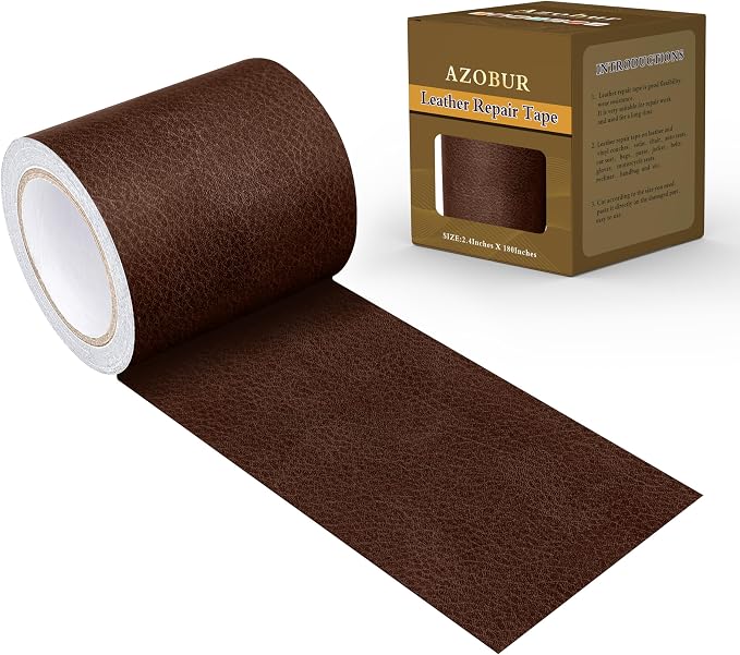 Azbour Leather Repair Tape Patch, 2.4''x15' Super Adhesive, Self-Adhesive Leather Patch for Restoration and Refurbishment of Sofas, Car Seats, Furniture, Vinyl Furniture, Chairs.（Red Brown）
