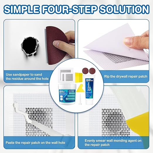 Drywall Repair Kit – 4.23 oz Tube + 8.47 oz Putty Jar with 2×2″&4×4″ Wall Patch Mesh, Dual Scrapers & 2 Sandpapers| Fast-Dry Spackle & Sheetrock Crack Filler for Wall, Ceiling, Plaster Repair