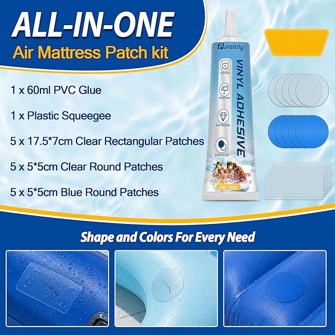 Air Mattress Patch Kit, Vinyl Pool Liner Repair Kit, Inflatable Repair Patch Kit for Air Beds, Hot Tubs, Inflatable Boats, Bounce House, Swim Rings & Toys