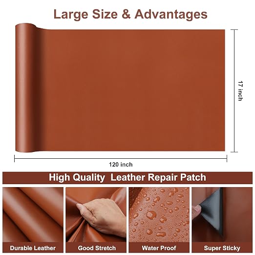 Leather Repair Patch,17X120 Inch Leather Repair Tape,Large Self Adhesive Leather Patches for Furniture, Couches,Car Seat,Chair Light Brown