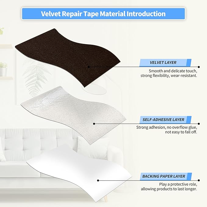 KING MOUNTAIN Couch Fabric Repair Patch, Fabric Patches for Furniture, 4" x 63" Waterproof Velvet Repair Tape for Sofas, Car Seats, Furniture, Upholstery Fabrics and Velvet Goods. （Dark Brown）