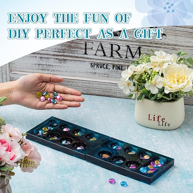 Zhehao Mancala Board Game Molds Set Epoxy Silicone Resin Molds Kit with 2 Pcs Mancala Stones Molds 4 Pcs Metal Mancala Accessories Mancala Board Resin Game Molds for Gifts DIY Family Party Board Games