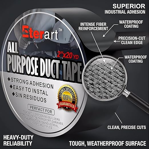 ETERART Heavy Duty Black Duct Tape, Tear by Hand & Residue-Free Industrial Strength Adhesive, Waterproof Multi-Purpose Tape for Moving, Outdoor Repair and Home DIY, 2 Inch x 20 Yards