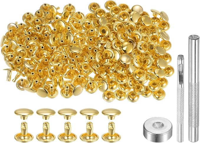 HARFINGTON 100 Sets Leather Rivets 8 x 9mm Metal Double Cap Rivet Snaps Studs Fasteners with 3pcs Setting Tools Rivets for Leather Craft DIY Repair Decoration, Gold Tone