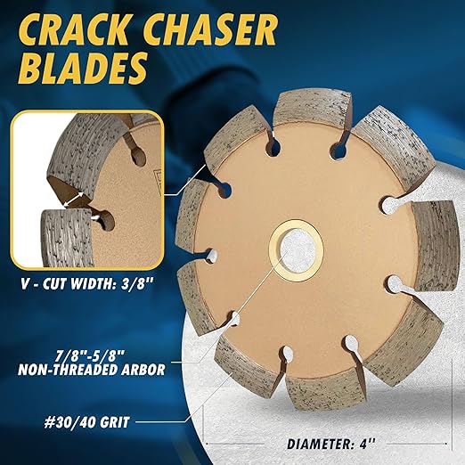 4" Crack Chaser Blade for Cured Concrete, Asphalt Repair or Joint Widen, 0.375" Width, 7/8"-5/8" Non-Threaded Arbor