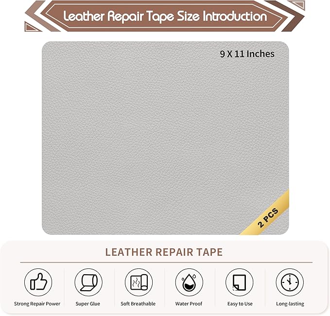 KING MOUNTAIN Leather Repair Patch,2 Packs 9 x 11 Inches self Adhesive Leather Repair Tape for Damaged Leather Furniture, Sofa Seating,Car Seats, Leather Goods (Light Grey)