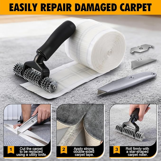 Dreyoo Upgraded Carpet Repair Kit with 5" Star Wheel Seam Roller, 4" x 30ft Carpet Seam Tape & Heavy Duty PVC Pipe Cutter, Heatless Carpets Patching Tools for DIY Home/Office Floor Maintenance