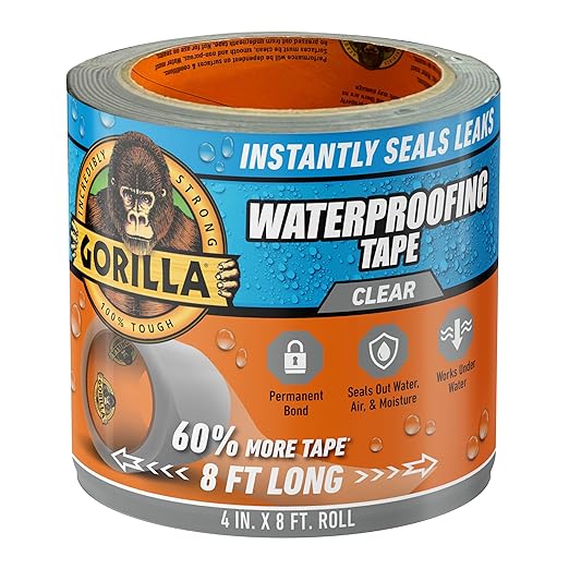 Gorilla Waterproof Patch & Seal Tape, Clear Tape, 4" x 8' (Pack of 1) - Permanent Weather Resistant Seal for Leaks and Repairs