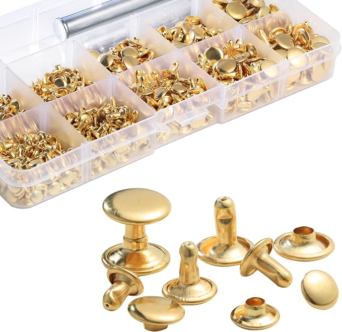 YORANYO 340 Sets Leather Rivets Kit Mixed Sizes Rivets for Leather Double Cap Rivets Studs for Clothing Fabric with Leather Crafting Rivet Tool for Repair Decorate Clothes Shoes Bags Belts (Gold)