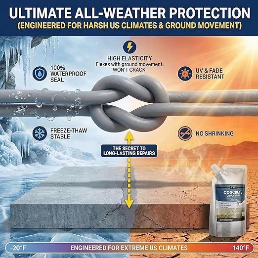YKF Concrete Crack Filler 4-Pack (4.4 lbs) - Self-Leveling Liquid Cement Sealant for Driveways & Garage Floors - Waterproof, High Elasticity Bulk Repair Kit - Gray