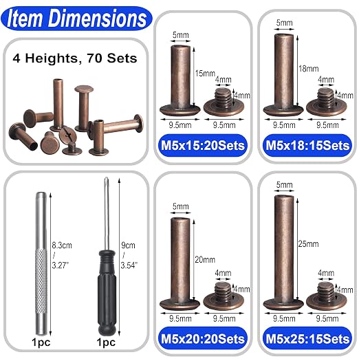 YORANYO 70Sets Chicago Screws Leather Rivets Assorted Screw Rivets Chicago Binding Screws for Decorate and Repair Leather Craft Belt Bag Shoes Purse Bookbinding (Antique Copper, M5*15,18,20,25)