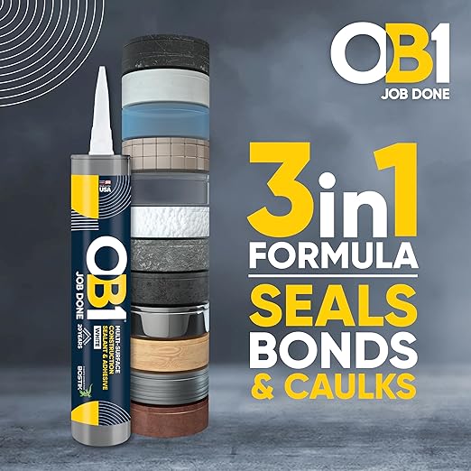 OB1 Universal Caulk Sealant & Adhesive White 10.1oz | Professional Grade Premium All-in-One Advanced Hybrid 3-in1 | Water Resistant Internal & External | Shrink Crack UV & Fade Resistant | 1 Cartridge