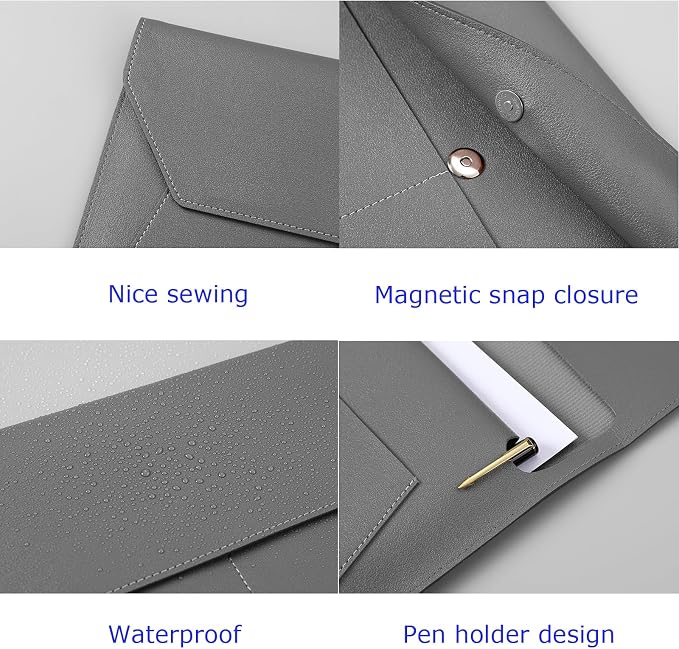 PU Leather A4 File Folder Document Holder with 3 Pockets Waterproof Stylish Envelope Folder Case with Snap Closure (Gray)