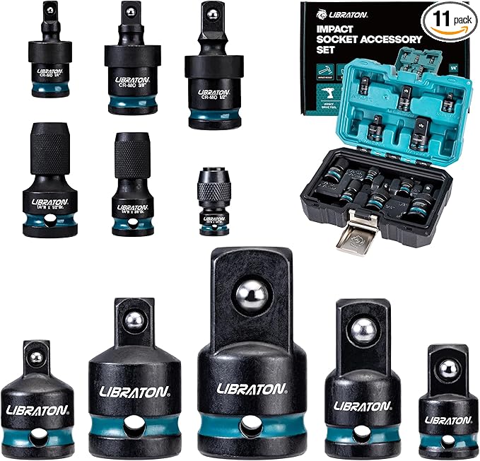 LIBRATON Impact Socket Adapter and Reducer Set 11PCS, Socket Adapter Reducers, Swivel Socket Adapters, Impact to 1/4 Hex Converters, Impact Wrench Adapters for Automotive Repair, with Blow Molded Box