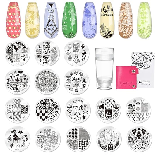 Biutee 15PCS Nail Stamping Plates Nail Stamper Kit with Nail Art Stamper and Scraper, Nail Stamp Plate Flower Animal Geometry Stripe Design Nail Stamping Kit with Storage Bag
