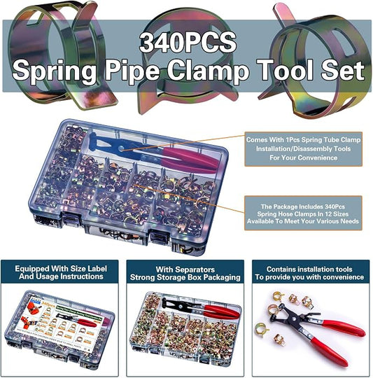 Spring Pipe Clamps340PCS, With Spring Pipe Clamp Tools, 12 Sizes 6-22mm Spring Hose Clamps, Used To Fix Hose Interfaces In Automotive, Marine, Gardening, Industrial Applications