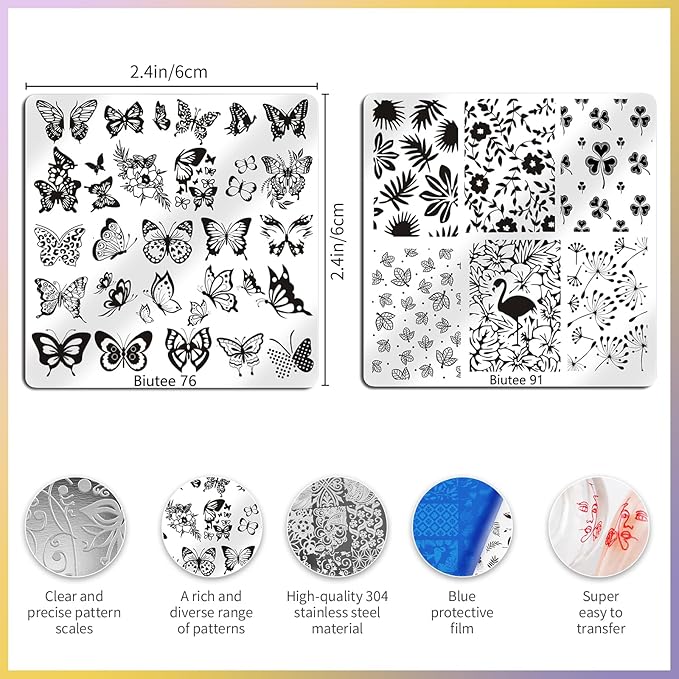 Biutee Nail Stamping Plate 15PCS Nail Stamper Kit Nail Art Stamping Plates Set with Nail Stamper, Scraper & Storage Bag, Nail Stamping Kit Star Bowknot Love Butterfly Leaf Design Template for Nail Art