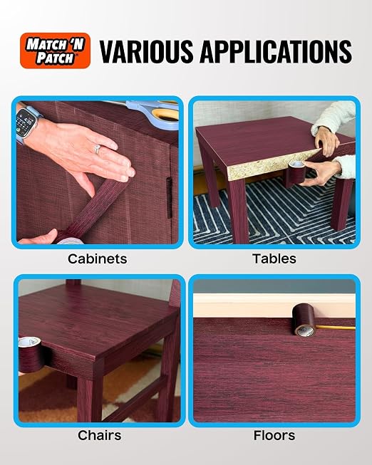 MATCH 'N PATCH Wood Grain Repair Tape - Dark Cherry, 2.25 in x 15 ft (1-Pack) – Wood Grain Colored Duct Tape for Mirror Frame, Trim, Borders, Floor and Other Furniture, Scratch Repair Kit