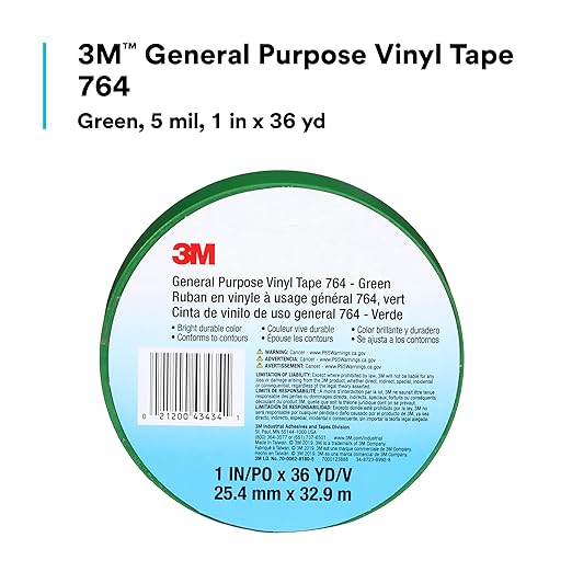 3M General Purpose Vinyl Tape 764, Green, 1 in x 36 yd, 5 mil, 1 Roll, Individually Wrapped Conveniently Packaged