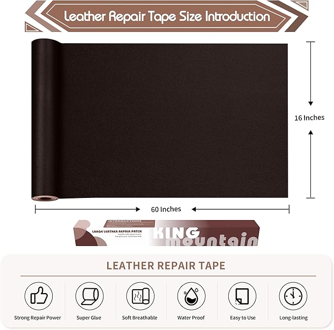 KING MOUNTAIN Leather Repair Patch,16 x 60 Inches self Adhesive Leather Repair Tape for Damaged Leather Furniture, Sofa Seating,Car Seats, Leather Goods（Fine Grained Dark Brown）