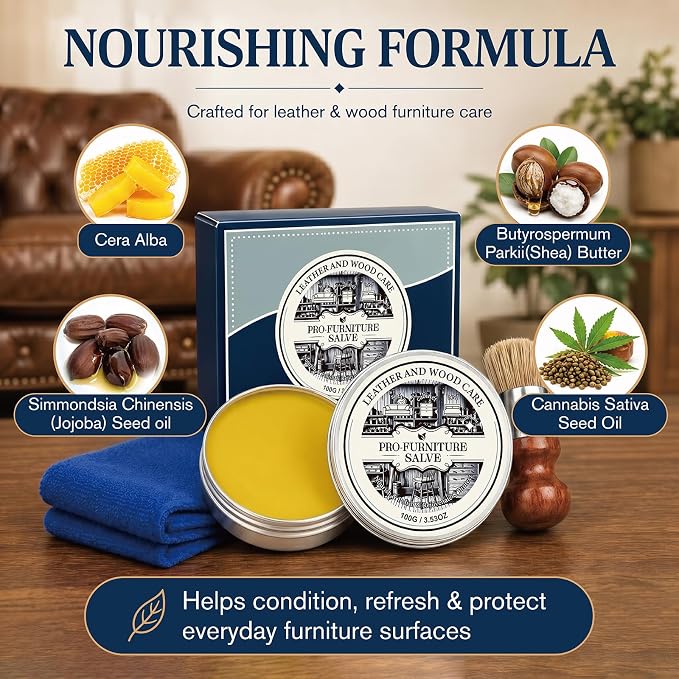 2PC Wood Repair & Furniture Salve - Leather Furniture Salve & Brush Set, Leather Couch Conditioner for Wood & Leather Conditioner, with Furniture Wax, Prevents Cracking & Fading
