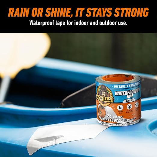 GORILLA Waterproof Patch & Seal Tape, White Tape, 4" x 10' (Pack of 6) - Permanent Weather Resistant Seal for Leaks and Repairs