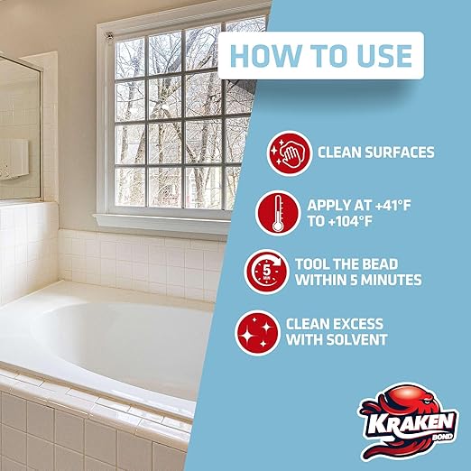 Kraken Bond Premium Kitchen and Bathroom Silicone Caulk White - (48x10.1 fl.oz) RTV White Caulking Silicone Waterproof for Kitchen, Bathroom, Shower, Sink, Anti Shrink 100% Silicone Caulking | 48 Pack