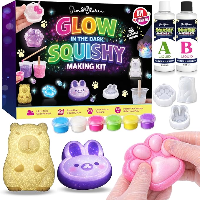 Jim&Gloria Glow in the Dark DIY Squishy Making Kit - Make Your Own Squishies All-in-One Squishy Maker Craft Kit with 1:1 Liquid Silicone, 3 Cute Animal Molds Mini Paw, Capybara, and Bunny Easter Gifts